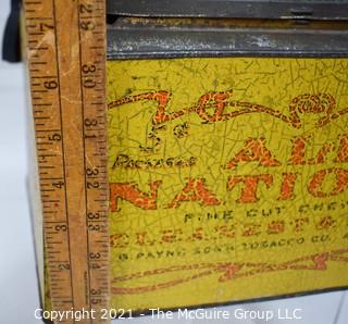 Antique "All Nations" Chewing Tobacco Store Display Tin, Payn's Sons (25" x 7" x 8") and Vintage Metal Chinese Checkers Board by Pressman.