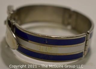 Vintage 1970's Navy & White Stripe Enamel on Silver Hinged Buckle Bangle Bracelet. Damage on one side where enamel is chipped.