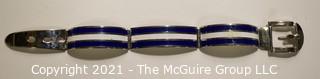 Vintage 1970's Navy & White Stripe Enamel on Silver Hinged Buckle Bangle Bracelet. Damage on one side where enamel is chipped.