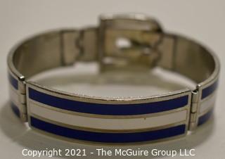 Vintage 1970's Navy & White Stripe Enamel on Silver Hinged Buckle Bangle Bracelet. Damage on one side where enamel is chipped.