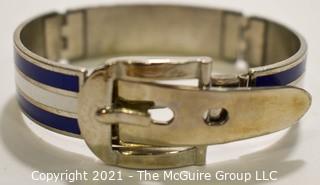 Vintage 1970's Navy & White Stripe Enamel on Silver Hinged Buckle Bangle Bracelet. Damage on one side where enamel is chipped.