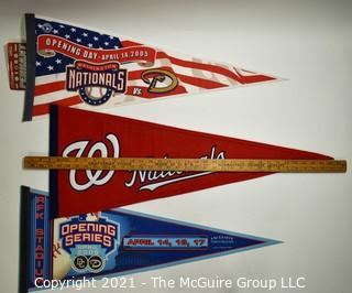 Three (3) Washington Nationals Baseball Felt Pennants Celebrating Return to RFK Stadium.  One with stitched Logo. 