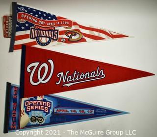 Three (3) Washington Nationals Baseball Felt Pennants Celebrating Return to RFK Stadium.  One with stitched Logo. 