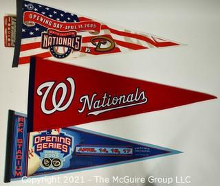 Three (3) Washington Nationals Baseball Felt Pennants Celebrating Return to RFK Stadium.  One with stitched Logo. 