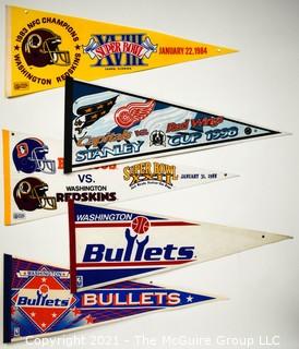 Vintage Washington DC Sports Teams Felt Pennants.  Includes Washington Bullets, Washington Capitals and The Redskins 1984 Super Bowl XVIII & 1988 Super Bowl XXII Titles.