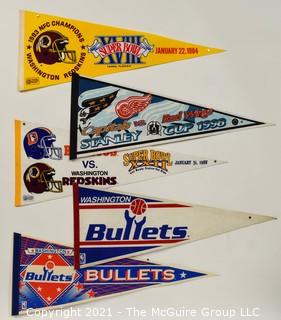 Vintage Washington DC Sports Teams Felt Pennants.  Includes Washington Bullets, Washington Capitals and The Redskins 1984 Super Bowl XVIII & 1988 Super Bowl XXII Titles.