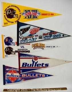 Vintage Washington DC Sports Teams Felt Pennants.  Includes Washington Bullets, Washington Capitals and The Redskins 1984 Super Bowl XVIII & 1988 Super Bowl XXII Titles.