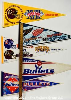 Vintage Washington DC Sports Teams Felt Pennants.  Includes Washington Bullets, Washington Capitals and The Redskins 1984 Super Bowl XVIII & 1988 Super Bowl XXII Titles.