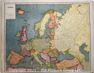 Vintage Double Sided Color Lithograph on Paper Wall Map of Europe and the World.  Undated but Franklin Roosevelt is President, WWII.  Measures 28" x 36".