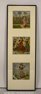 Three (3) Framed Under Glass Vintage Illustrations from Children's Books. Measures 10" x 30"