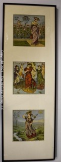 Three (3) Framed Under Glass Vintage Illustrations from Children's Books. Measures 10" x 30"