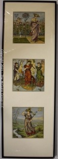 Three (3) Framed Under Glass Vintage Illustrations from Children's Books. Measures 10" x 30"