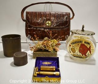 Eclectic Group.  Includes Vintage Gold Gillette Aristocrat Safety Razon in Box, Gold Enamel Painted Flowers by Gloria Vanderbilt, Two (2) Metal Tins & Treasure Bowl Goldfish Bank.