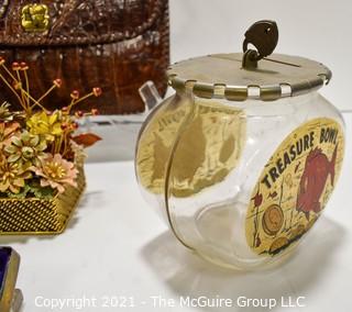 Eclectic Group.  Includes Vintage Gold Gillette Aristocrat Safety Razon in Box, Gold Enamel Painted Flowers by Gloria Vanderbilt, Two (2) Metal Tins & Treasure Bowl Goldfish Bank.