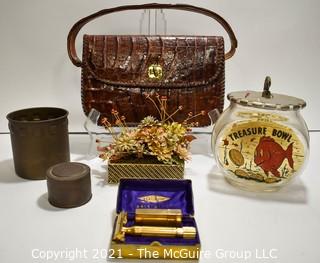 Eclectic Group.  Includes Vintage Gold Gillette Aristocrat Safety Razon in Box, Gold Enamel Painted Flowers by Gloria Vanderbilt, Two (2) Metal Tins & Treasure Bowl Goldfish Bank.