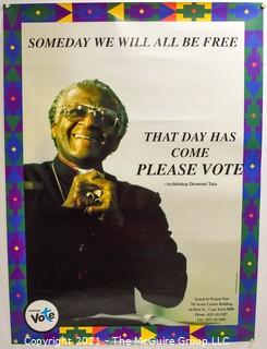 1994 South African Voter Registration Poster Featuring Archbishop Desmond Tutu "Someday We Will All Be Free - That Day Has Come".  Tear on bottom. Measures 18.5" x 25"