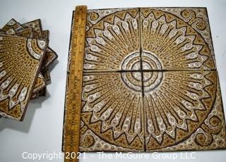 Vintage Set of 15 Mid Century Modern Textured Sunburst Pattenr Ceramic Tiles, Made in Italy. Measures 8" square.