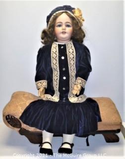 Doll: Antique: Simon & Halbig German Bisque Doll, DEP 1009,  ~28"+, Blue Eyes, Earrings, Open Mouth, Teeth, Composite Body with Metal Spring Connectors.