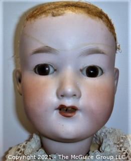 Doll: Antique: Armand Marseilles, 390 A6M, German Bisque Doll : ~23" Tall, Brown Eyes, Open Mouth, Teeth, No Hair, vintage Clothing