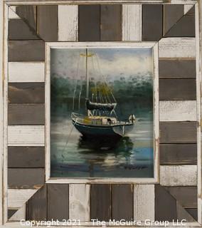 Original Hand Painted Oil Painting of Boat in Wood Frame.  Signed by artist, but signature illegible.