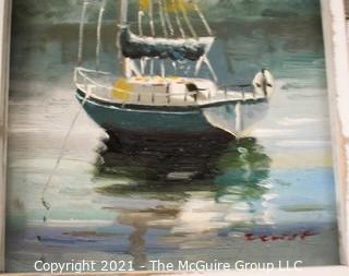 Original Hand Painted Oil Painting of Boat in Wood Frame.  Signed by artist, but signature illegible.