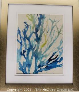 Framed Under Glass Original Watercolor of Blue and Green Coral.  Unsigned.  Measures 25" x 19"