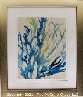 Framed Under Glass Original Watercolor of Blue and Green Coral.  Unsigned.  Measures 25" x 19"