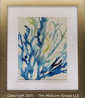 Framed Under Glass Original Watercolor of Blue and Green Coral.  Unsigned.  Measures 25" x 19"