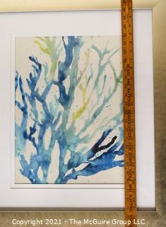 Framed Under Glass Original Watercolor of Blue and Green Coral.  Unsigned.  Measures 25" x 19"