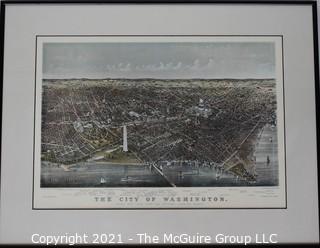 Antique Framed Under Glass Lithograph of Bird's Eye View of Washington, D.C. from Potomac River, Looking North. Circa 1880.  Prominent local features listed below Map.  Measures 25" x 19"