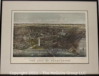 Antique Framed Under Glass Lithograph of Bird's Eye View of Washington, D.C. from Potomac River, Looking North. Circa 1880.  Prominent local features listed below Map.  Measures 25" x 19"