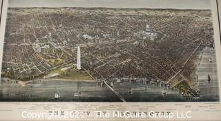 Antique Framed Under Glass Lithograph of Bird's Eye View of Washington, D.C. from Potomac River, Looking North. Circa 1880.  Prominent local features listed below Map.  Measures 25" x 19"