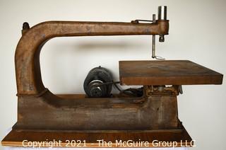 Antique Foot Powered Scroll Saw Converted to Electric; Mounted on Plywood; 18"D Throat x 4"H