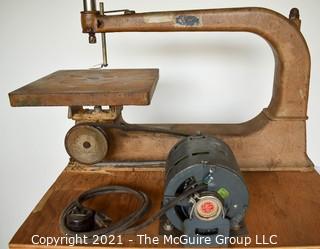 Antique Foot Powered Scroll Saw Converted to Electric; Mounted on Plywood; 18"D Throat x 4"H