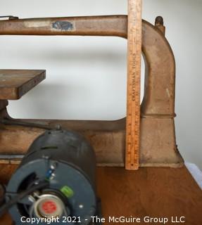 Antique Foot Powered Scroll Saw Converted to Electric; Mounted on Plywood; 18"D Throat x 4"H