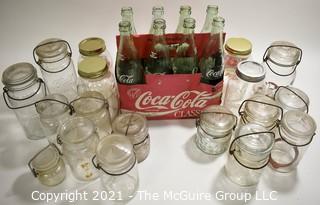 Group of Vintage Glassware Including Canning Jars and Coca-Cola Coke Bottles in Cardboard Carrier. 