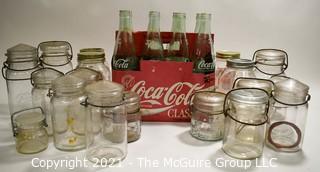 Group of Vintage Glassware Including Canning Jars and Coca-Cola Coke Bottles in Cardboard Carrier. 