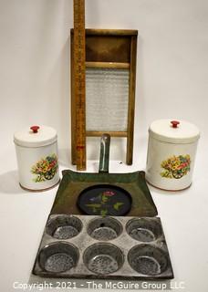 Group of Vintage Primitive Cookware.  Includes Metal Painted Canisters, Glass Washboard & Metal Enamel Graniteware Muffin Tin.