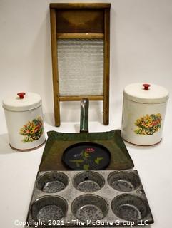 Group of Vintage Primitive Cookware.  Includes Metal Painted Canisters, Glass Washboard & Metal Enamel Graniteware Muffin Tin.