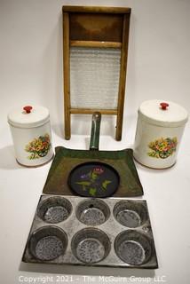 Group of Vintage Primitive Cookware.  Includes Metal Painted Canisters, Glass Washboard & Metal Enamel Graniteware Muffin Tin.