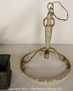 Group of Vintage Items Including Replogle World Globe, Metal Tin Tray & Cast Iron Ceiling Mount Chandelier Frame