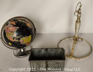 Group of Vintage Items Including Replogle World Globe, Metal Tin Tray & Cast Iron Ceiling Mount Chandelier Frame