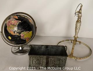 Group of Vintage Items Including Replogle World Globe, Metal Tin Tray & Cast Iron Ceiling Mount Chandelier Frame