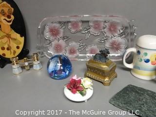 Collection including clown, opera glasses crystal globe  