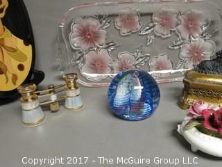 Collection including clown, opera glasses crystal globe  