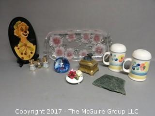 Collection including clown, opera glasses crystal globe  