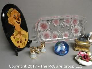 Collection including clown, opera glasses crystal globe  