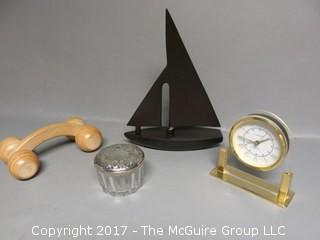 Collection including sterling covered bowl, wooden massage roller, Linden Quartz table top clock and wooden sailboat model