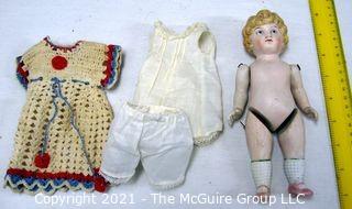 Antique Doll:  Early 7-7.5" German Bisque Doll (#5) in Crocheted Dress