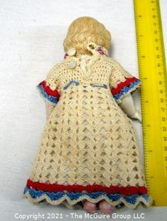 Antique Doll:  Early 7-7.5" German Bisque Doll (#5) in Crocheted Dress